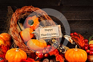 Harvest cornucopia with Happy Thanksgiving gift tag