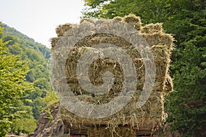 After the harvest. Early autumn. The truck is carrying hay. hay carrier at the interurban road . The truck carries rolls of hay