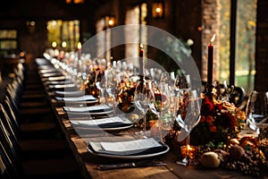 Harvest Feast Long table set for a festive autumnal diner - stock photo concepts