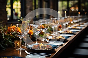 Harvest Feast Long table set for a festive autumnal diner - stock photo concepts