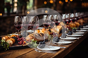 Harvest Feast Long table set for a festive autumnal diner - stock photo concepts