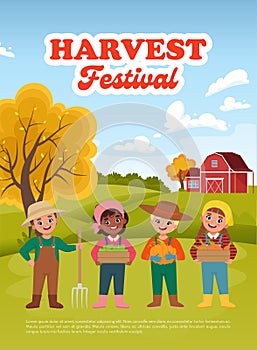 Harvest Festival Poster. Cute Children with harvested vegetables and fruit. Farm or field landscape. Vector illustration