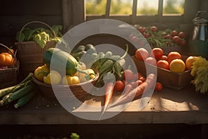 Harvest festival, pumpkin, carrot, tomatoes, peppers, cucumbers onions harvesting, Thanksgiving Day background, AI Generated
