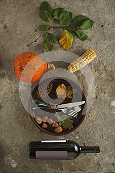 Harvest festival, pumpkins maize fruits, wooden table, thanksgiving tablescape, leaves garland, fall, background table, autumn