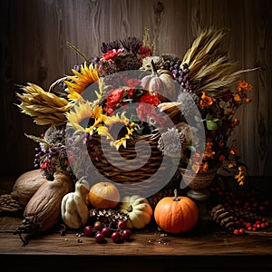 Harvest foods set up on display with cottage style background.