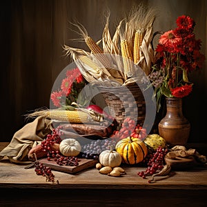 Harvest foods set up on display with cottage style background.
