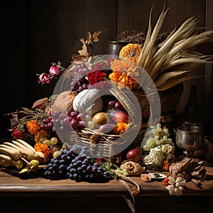 Harvest foods set up on display with cottage style background.