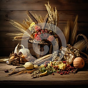 Harvest foods set up on display with cottage style background.