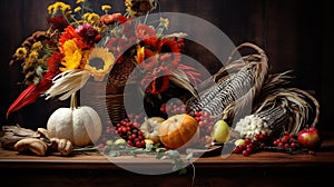 Harvest foods set up on display with cottage style background.