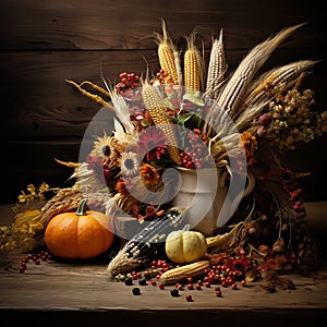 Harvest foods set up on display with cottage style background.