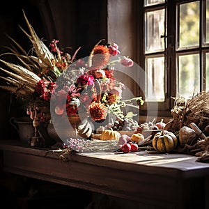 Harvest foods set up on display with cottage style background.