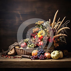 Harvest foods set up on display with cottage style background.