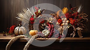 Harvest foods set up on display with cottage style background.