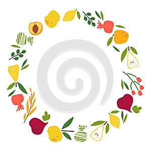 Harvest frame. Round fruit, vegetables, sones border with copy space isolated on white background. Summer, autumn design photo