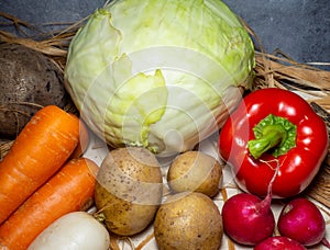 Harvest from the garden on the table. Farmer.Borsch set. Products from the garden. Still life of vegetables. Healthy food