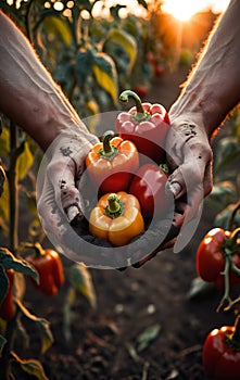 Harvest. Hands with red bell peppers vegetable against field