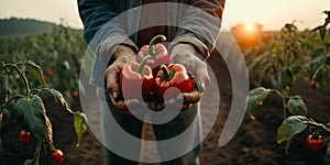 Harvest. Hands with red bell peppers vegetable against field