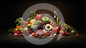 Harvest Harmony - A Vibrant Tapestry of Fresh Vegetables, Seeds, and Berries with Olive Oil Elegance - generative AI