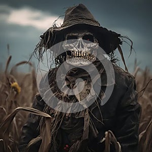 Harvest of Haunts: Sinister Scarecrow Guards Cornfield with Skull Face photo