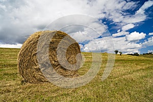 A harvest landscape vista in rolling hills in Romania with round