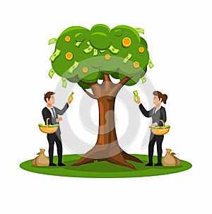 Harvest money from tree, business finance management illustration cartoon vector on white background