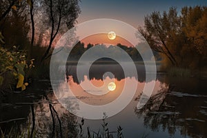 harvest moon above a lake, casting shimmering reflection on the water