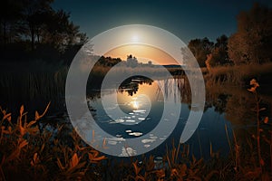 harvest moon above a lake, casting shimmering reflection on the water