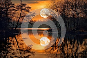 harvest moon reflecting on a calm lake, surrounded by trees