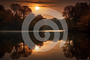 harvest moon reflecting on a calm lake, surrounded by trees