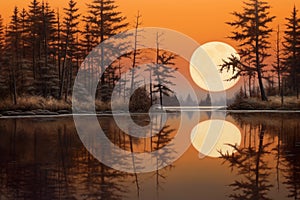 harvest moon reflecting on a calm lake, surrounded by trees