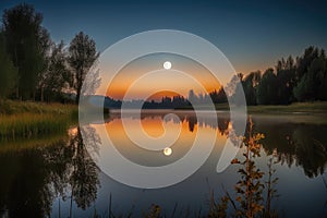 a harvest moon rising over a serene lake