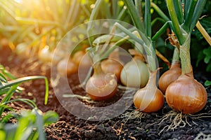 Harvest onions in the garden