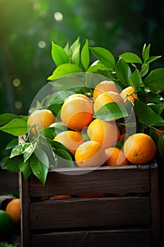 Harvest of oranges in a box in the garden. Selective focus.