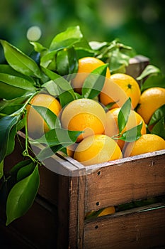 Harvest of oranges in a box in the garden. Selective focus.