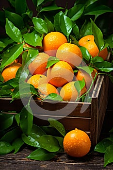 Harvest of oranges in a box in the garden. Selective focus.