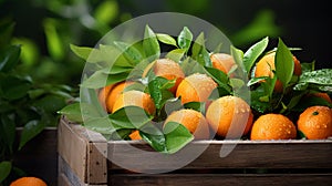 Harvest of oranges in a box in the garden. Selective focus.