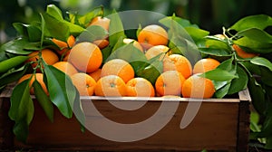 Harvest of oranges in a box in the garden. Selective focus.