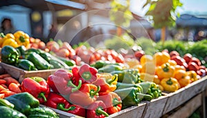 Harvest of peppers with fresh red yellow green and sweet pepper for sale at the market