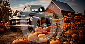 Harvest pumpkins surround a vintage truck in a fall barn country setting - generative AI