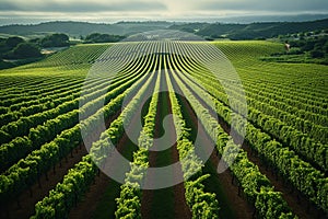 Harvest ready aerial view of vineyard with neatly arranged rows