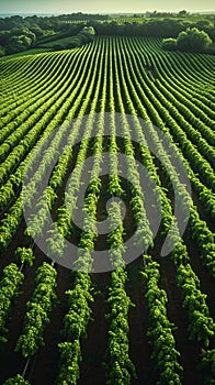 Harvest ready aerial view of vineyard with neatly arranged rows