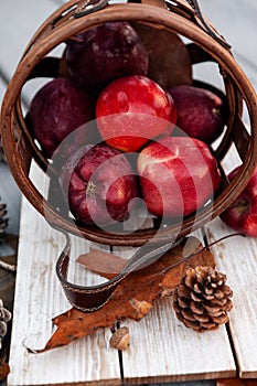 Harvest of red apples in wooden basket in autumn season, fresh organic fruits