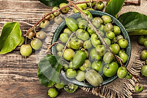 Harvest of ripe Actinidia arguta kiwi in a ceramic bowl