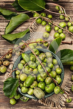 Harvest of ripe Actinidia arguta kiwi in a ceramic bowl