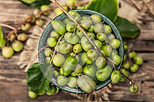 Harvest of ripe Actinidia arguta kiwi in a ceramic bowl