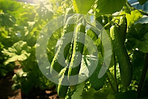 Harvest of ripe green cucumbers hanging on a plant branch in a bed in the garden in summer in the rays of sunlight