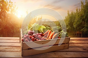 Harvest of ripe organic vegetables in a wooden box on the table, warm sunny background in blur