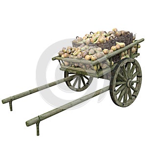 Harvest ripe pears in metal buckets in a wooden cart photo