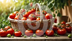 Harvest of ripe tomatoes in a basket in the vegetable garden