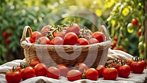 Harvest of ripe tomatoes in a basket in the vegetable garden season